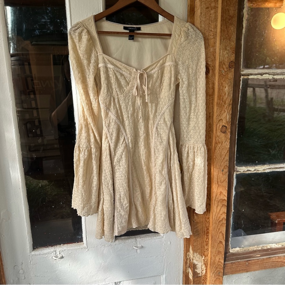 Cream Bell Sleeve Feminine Mini Dress